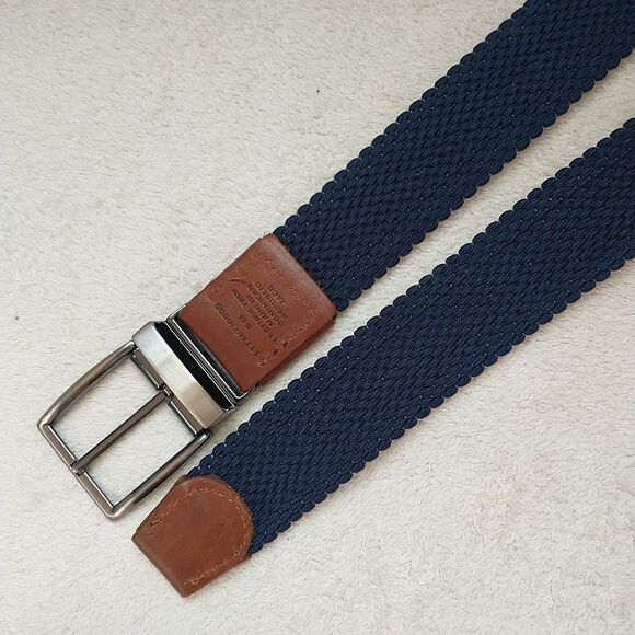 Tommy Bahama Belt Mens S/M Canvas Webbed Woven Navy Brown Leather - Picture 2 of 8